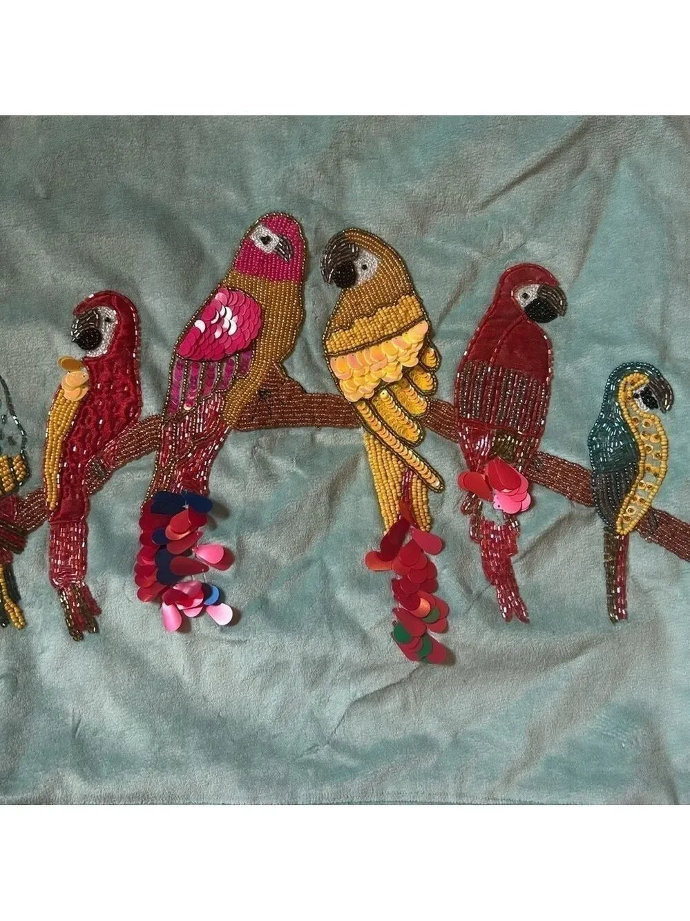 Velvet Aqua Beaded Sequin Pillow Covers Set of 2 Birds Cotton Zipper Closure